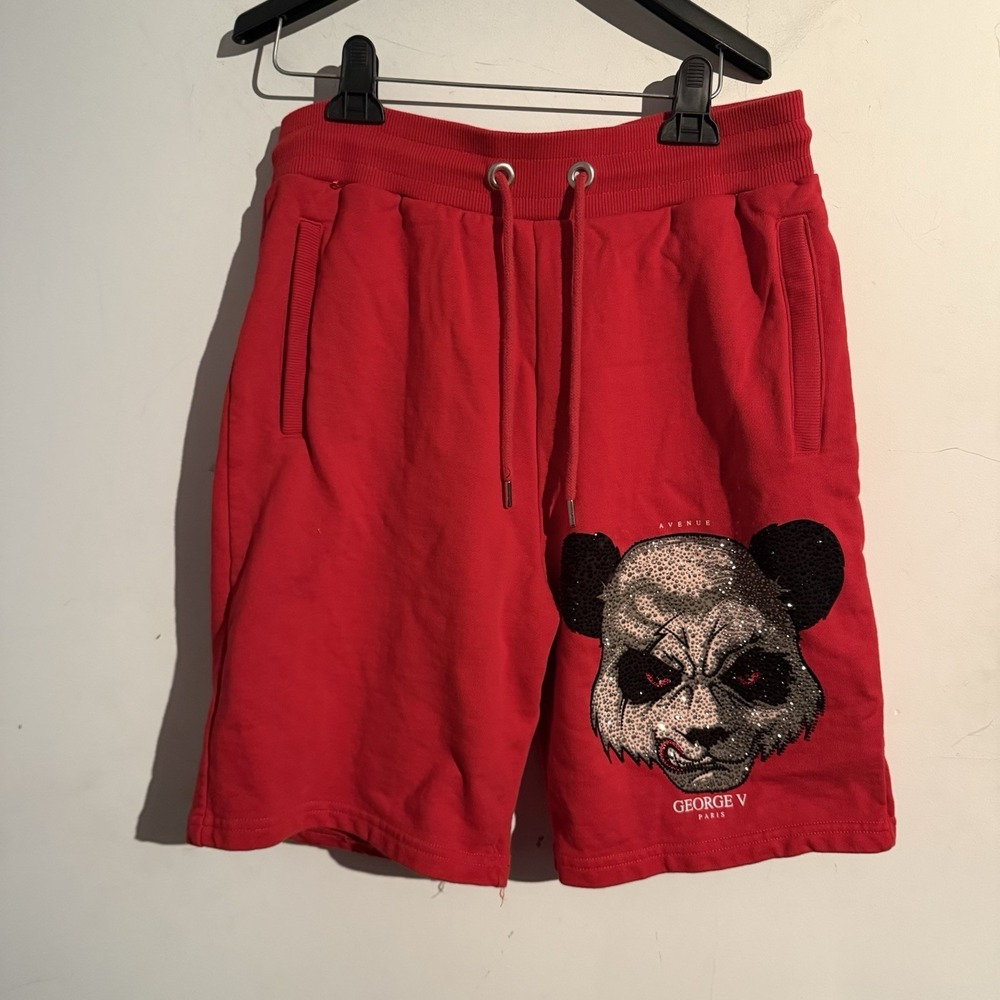 AVENUE GEORGE V PARIS SWEATSHORTS Angry Panda~CRYSTALS 100% cotton RED sz M